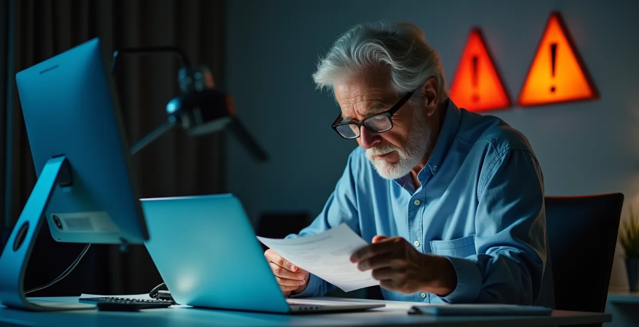 Senior concentré devant un écran d'ordinateur fermé, expression prudente et réfléchie
