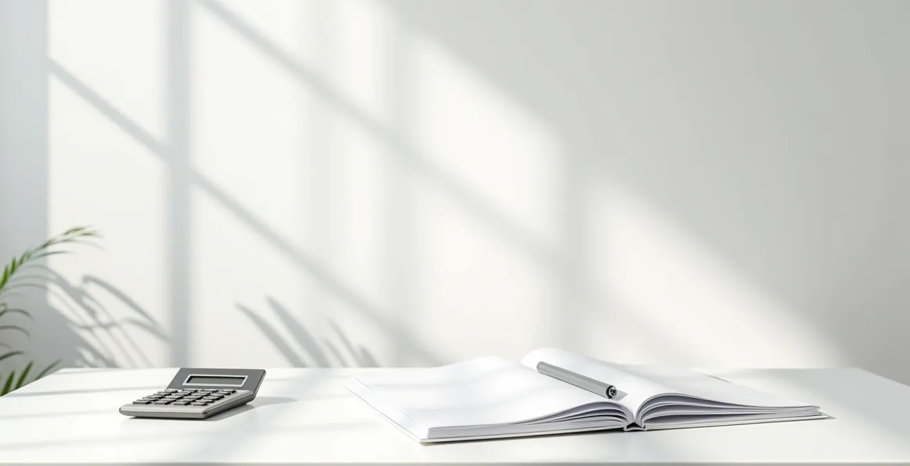 Environnement de bureau épuré avec documents financiers vus de loin