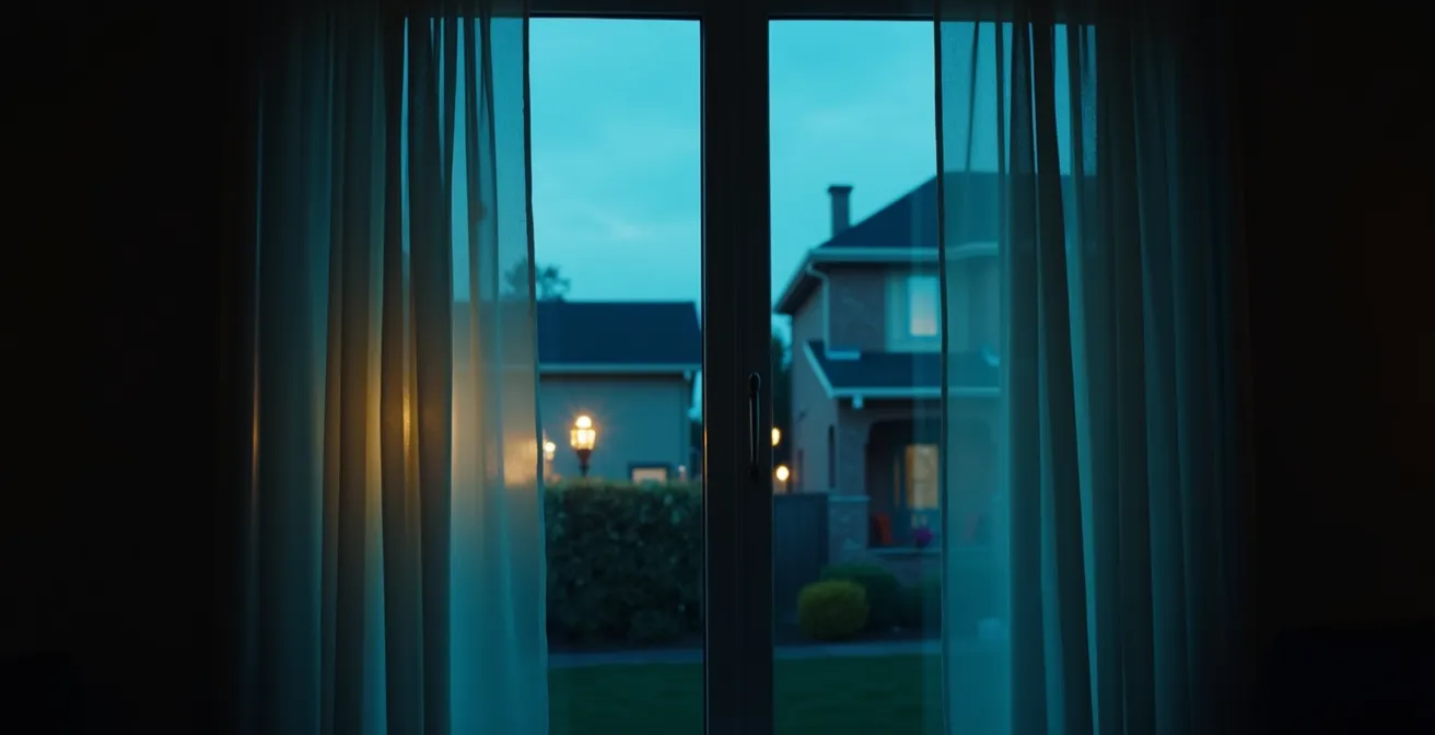 Salon au crépuscule avec lueur colorée d'un simulateur TV derrière les rideaux