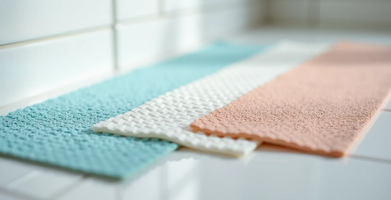 Gros plan sur différentes solutions antidérapantes amovibles pour salle de bain de senior