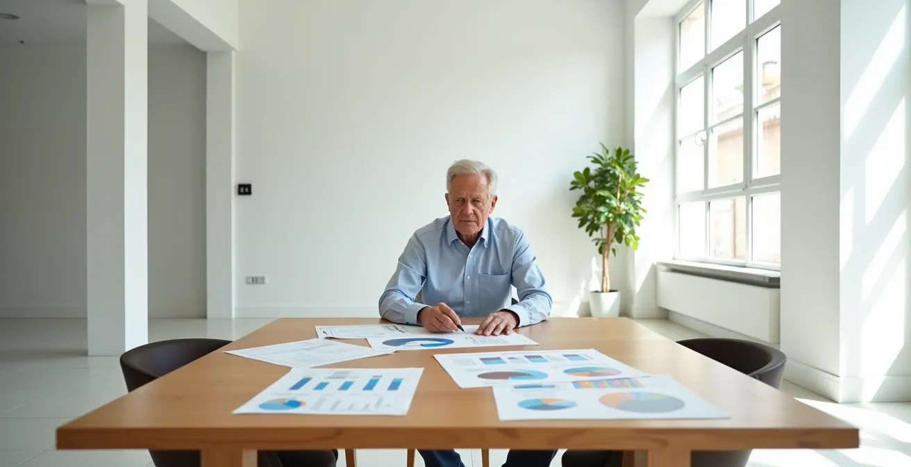Senior analysant des graphiques de longévité sur une table en bois naturel