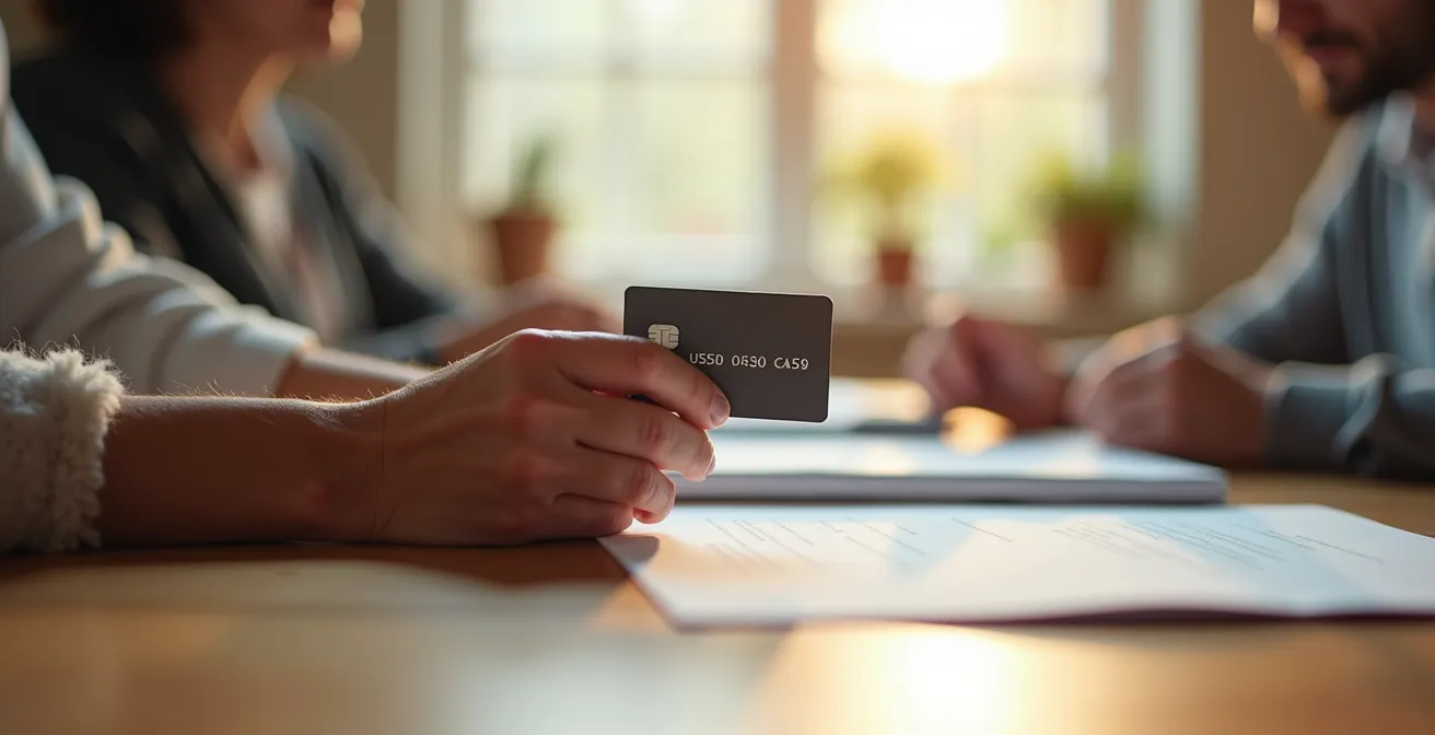 Mains âgées tenant une carte bancaire avec jeune adulte surveillant bienveillamment en arrière-plan