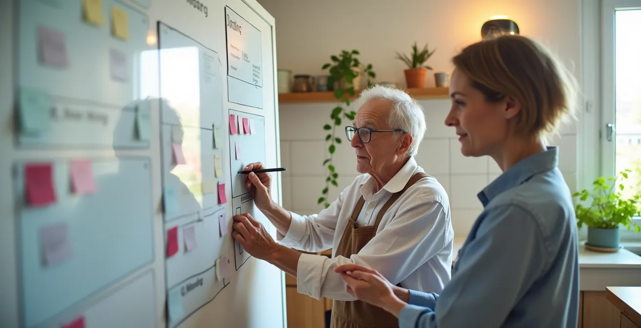 Senior consultant un tableau d'organisation des tâches avec une aide ménagère