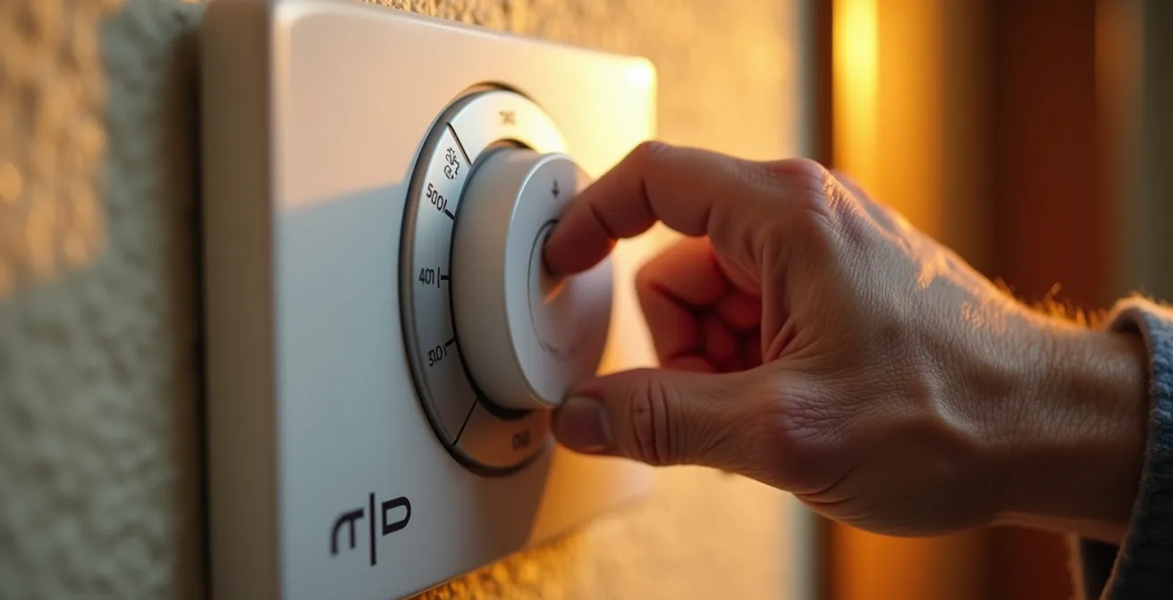 Main de senior ajustant un thermostat mural moderne dans un intérieur chaleureux