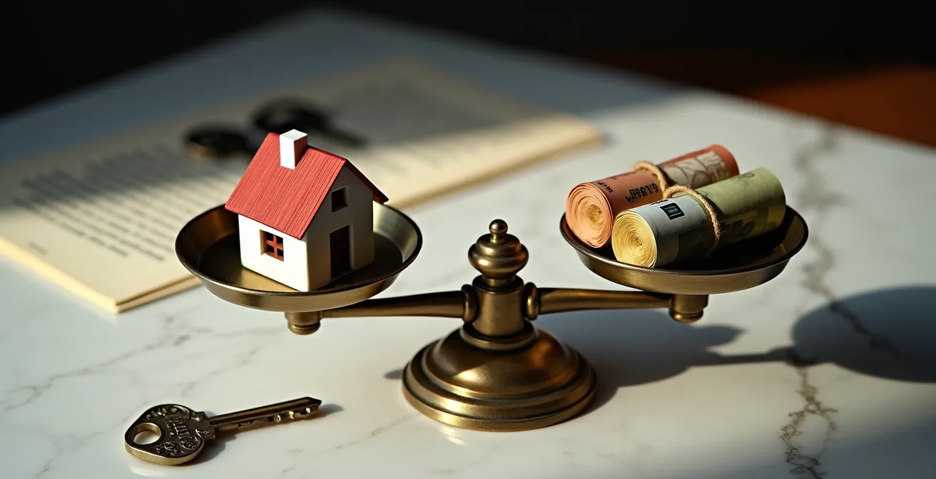Balance symbolique entre une maison et des billets représentant le choix viager versus location