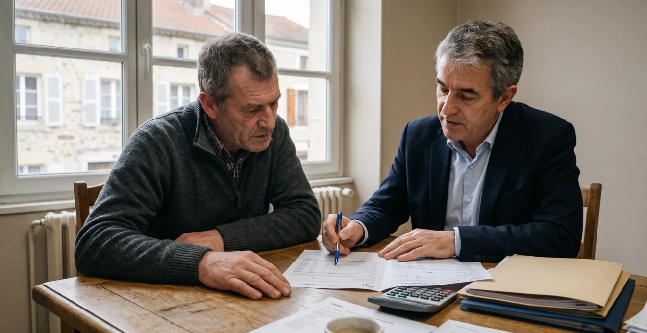 Un expert-comptable et un dirigeant d'entreprise examinent ensemble un relevé de carrière imprimé lors d'un bilan retraite dans un cabinet.
