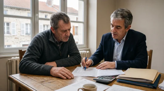 Un expert-comptable et un dirigeant d'entreprise examinent ensemble un relevé de carrière imprimé lors d'un bilan retraite dans un cabinet.